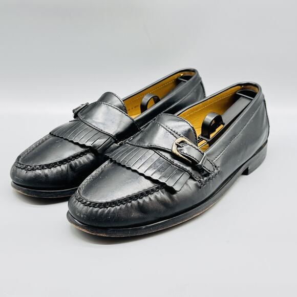 Cole Haan Shoes Mens 10 Black Leather Kiltie Fringe Loafers Buckle Slip On Dress - Picture 4 of 11